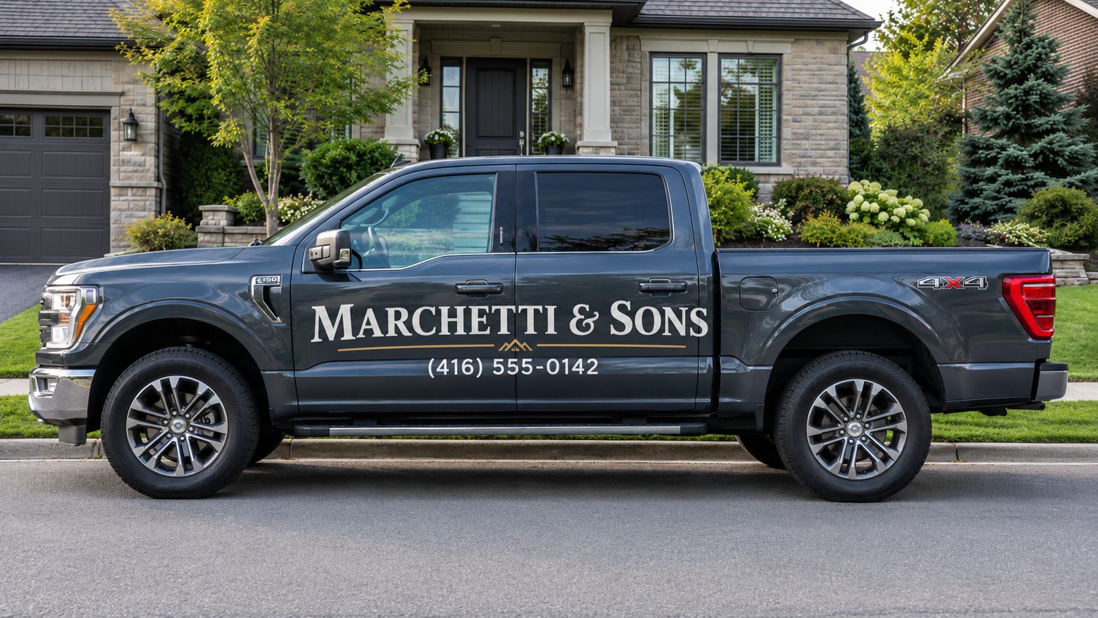 A dark grey Marchetti & Sons pickup truck parked at the kerb outside a stone-fronted house.